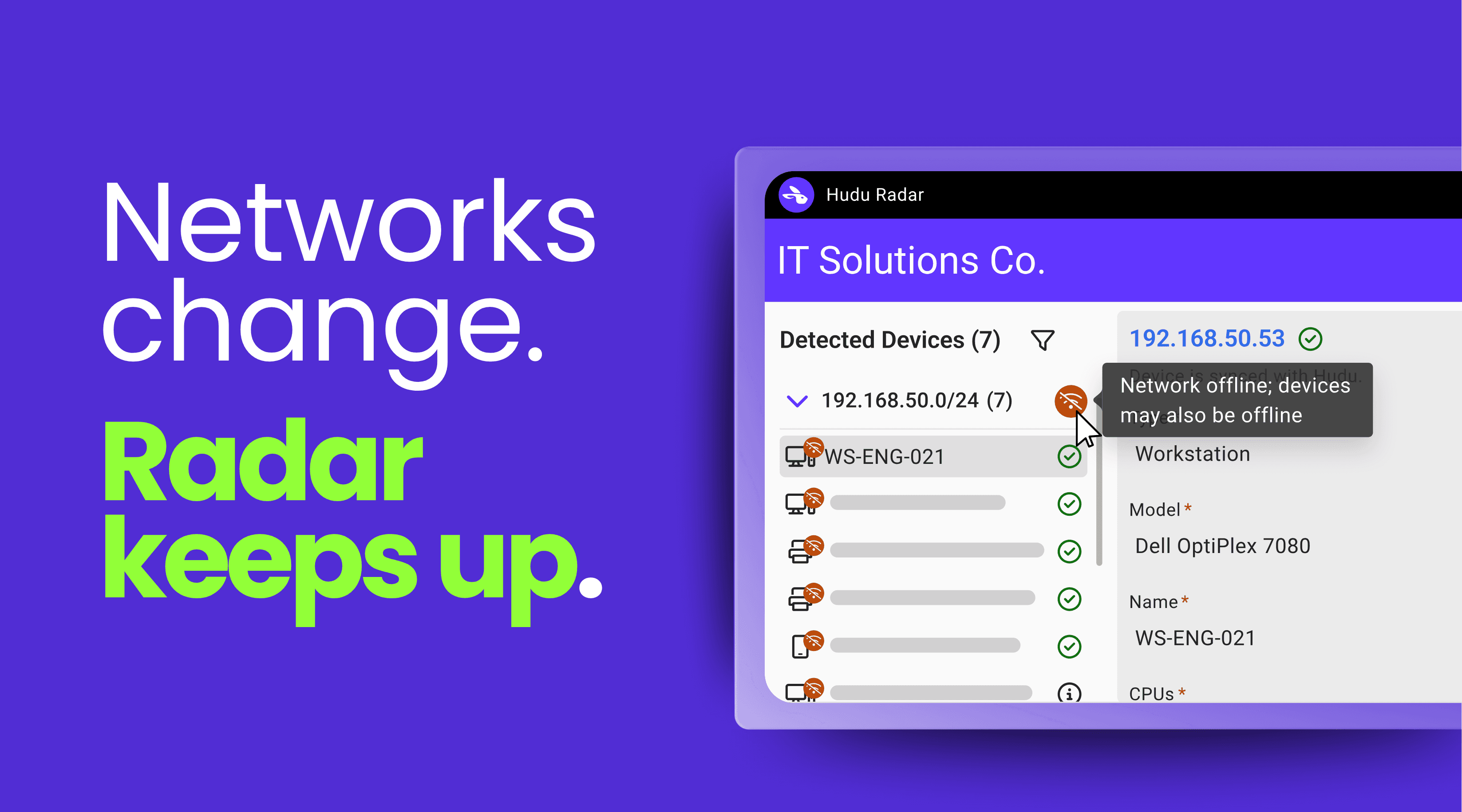 Offline device indicator in Hudu Radar highlighting disconnected network equipment